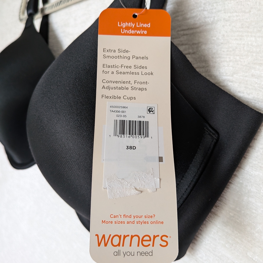Warner's Women's 38D Side Smoothing Black Lightly Lined Underwire Bra - Picture 2 of 9